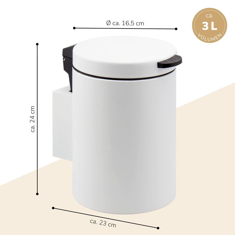 bremermann Wall-Mounted Cosmetic Bin, 3 Litres, Bathroom Bin, 2-Way Mounting,