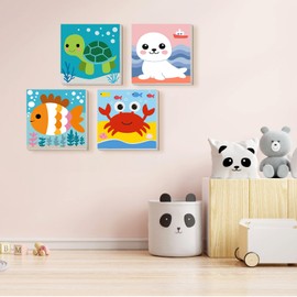 TOSTOG 4 Pack Paint by Number for Kids with Wooden Frame, DIY Cute Sea Animals Paint by Numbers for Kids Ages 4-8, Acrylic Oil Painting Kits Easy Paint by Number for Gift Home Wall Decor 8in X 8in