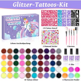 Tatuajes Temporales Glitter Kids,50 Colores Glitter Y 6 Colores Fluores,178 Plantillas,2 Pegatinas De Diamante,3 Pegamento, 5 Pinceles, Kit De Glitter Artes Adultos Y Niños, M