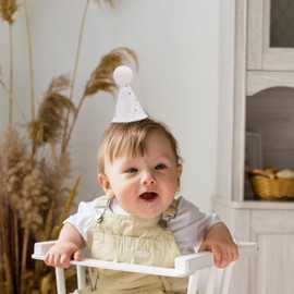 OUR FANDA First Birthday Party Hat, White Glitter with Colorful Decorations, Pom Pom Top