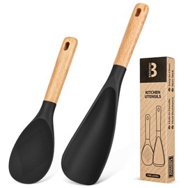 Cooking Spoon and Rice Scooper for Nonstick Cookwares, Great for Cooking and Serving Sturdy BPA-Free Matte Silicone, Wood Handle Spoon for Mixing, Scoop, and Scrape (Black)