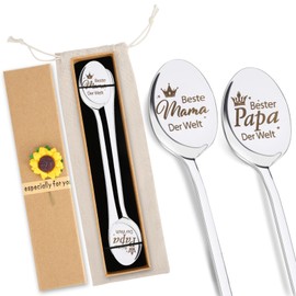 Christmas Gifts for Mum, Christmas Gifts for Dad, Pack of 2 Spoons with Engraving, 19.5 cm Long Coffee Spoon, Stainless Steel with Sunflower Gift Box, Christmas Gifts, Gifts for Mum Dad