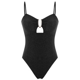 ZAFUL 2025 One Piece Bathing Suit for Women Metallic Shiny Swimsuit Padded Sparkly Spaghetti Strap Shimmer Monokiki Black XL