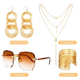 GETUOPT 70s Disco Costumes Jewelry Set, Rimless Diamond Cutting Sunglasses, Triple Swirl Disco Ball Earrings, Wire Metal Coil Bracelets and Layered Choker Necklace for Disco Theme Party