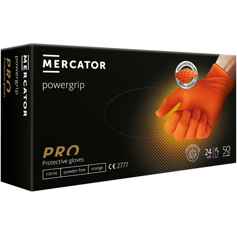 Mercator POWERGRIP Nitrile Gloves, Powder-free, Orange, Size: XL - 50