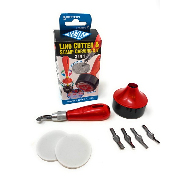 ESSDEE Block Printing Baren Tool Kit Includes 5 Lino Cutters, Lino Handle, 2 SoftCut Discs and Storage Unit || Used in Art, Craft and Carving Stamps || Made from UK