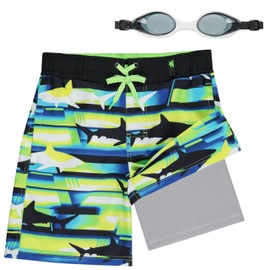 ZeroXposur Boys Swim Trunks with Compression Liner and Goggles, Quick Dry Swim Shorts, UPF 50+ 2 in 1 Boxer Brief Swimsuit for Kids Blue/Green