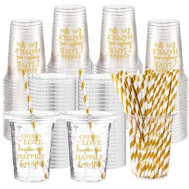 Funnymoom 50 Sets Wedding Plastic Cups with Lid and Straw Cheers to Love 16 oz Disposable Cup Clear Cold Beverage Drinking Glasses Bulk for Wedding Reception Bridal Shower Engagement Party Decoration
