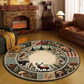 Qmkmyy Round Lodge Cabin Bear Deer Area Rugs 5ft Woodland Mushroom Animal Plants Print Rugs Rustic Cicular Floor Mat for Living Room Home Decor