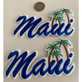 Unbranded (2) “MAUI" Embroidered Iron On Patches 5"x 2". Blue. Beautiful!
