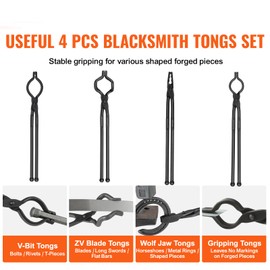 Happybuy Blacksmith Tongs Set, 18” Carbon Steel Tongs (4 PCS), Includes V-Bit, Wolf Jaw, Z V-Bit, and Gripping Tongs, A3 Steel Rivets, Ideal for Beginners and Experienced Blacksmiths