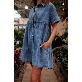 LOOKUB Women's Denim Dress for Women 2025 Jean Dress Blue Jean Dresses Short Sleeve Plus Size Mini Denim Dress,L, MediumBlue