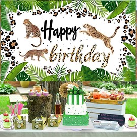 Cheetah Theme Birthday Backdrop Banner Jungle Animal Happy Birthday Decorations Leopard Print Backdrop Birthday Background Palm Leaves Cheetah Party Supplie for Kid Aldult