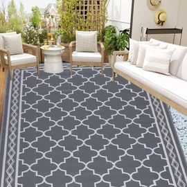 Garvee Large Outdoor Rugs 9x18 Waterproof Reversible Outdoor Plastic Straw Rugs, Easy Cleaning Patio Camping Carpet, All-Weather Outside Rugs for RV Patio Porch Deck Balcony (Grey/White)