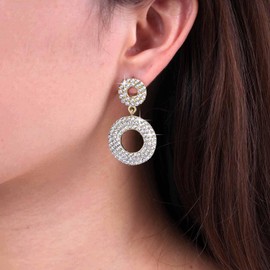 TseenYi Boho Rhinestone Circle Earrings Silver Crystal Circle Stud Earrings CZ Open Round Earrings Geometric Drop CZ Earrings Large Round Dangle Earrings Jewellery for Women and Girls, Zinc