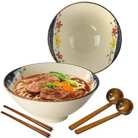 mehrido Ceramic Ramen Bowl Set, 2 Sets 34 Ounces Large Japanese Noodle Soup Bowls with Spoons and Chopsticks for Soup Udon Soba Pho Asian Noodles Pasta Salad
