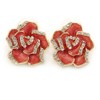Pink Enamel Crystal Rose Stud Earrings In Gold Tone -