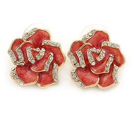 Pink Enamel Crystal Rose Stud Earrings In Gold Tone - 20mm Diameter