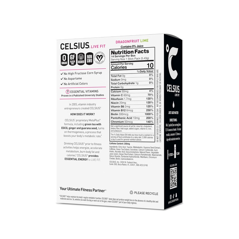 CELSIUS® On-The-Go Powder Sticks Dragonfruit Lime, Essential Energy 2.8 Oz