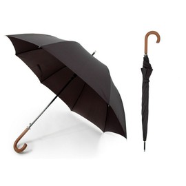 Drizzles Mens Long Auto Umbrella with a Wooden Crook Handle (Plain Black)