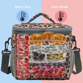 FlowFly Insulated Reusable Lunch Bag Adult Large Lunch Box for Women and Men with Adjustable Shoulder Strap,Front Zipper Pocket and Dual Large Mesh Side Pockets,Leopard