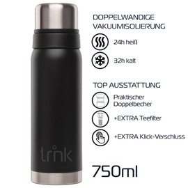 trnk Outdoor Thermos Flask Polar 2 - Stainless Steel Thermos Flask 750 ml - BPA-Free - Thermos Keeps Hot for 24 Hours - Lid with 2 Drinking Cups - Dishwasher Safe (Matte Night Black)