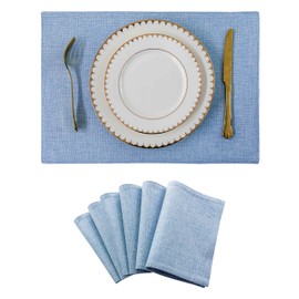 Home Brilliant Blue Placemats for Dining Table, Faux Linen Fabric Table Mat Set of 6, Table Protector for Restaurant Tables, 33 x 48 cm(13x19 Inch), Light Blue