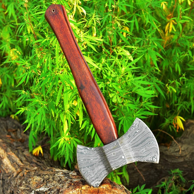 handmade forged Damascus steel double head axe Labrys tomahawk leather