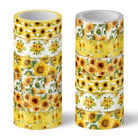 Whaline 12 Roll Sunflower Washi Tape Summer Sun Flowers Assorted Design Masking Tape Yellow Floral Print Decorative Paper Sticker for Scrapbook Journal Planner DIY Art Craft Gift Wrapping, 16.4Ft