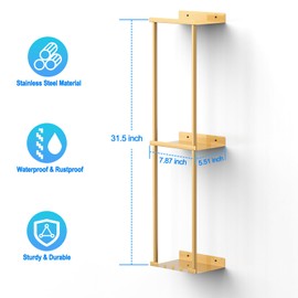 Liuoud Towel Rack for Bathroom, Wall Mounted Vertical Rolled Towel Storage Organizer Holder with Shelf, Holds Up 6 Large Bath Sheets, Gold
