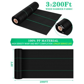 Kalolary Landscape Fabric Heavy Duty Garden Fabric Roll Polypropylene Black Weed Blocker Cover for Gardening & Yard (3 x 200Ft)