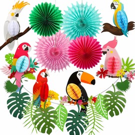 Jungle Decoration Hawaiian Party Garden Party Decoration Felt Children's Room Decoration Children's Birthday Summer Party Leaves Garland Palm Leaves Colourful Parrot Jungle Decoration (6 x Parrots + 4