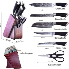 Knife Set, 7-Piece Kitchen Knives Set with Block Professional Stainless Steel Knives Set for Kitchen Damascus Knives Set with Built-in Knife Sharpener for Chef's Family