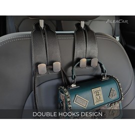 ALEACAR 2 Pack Car Hooks for Headrest, Car Seat Back Storage Hook for Headrest, Headrest Hooks for Purses and Bags, Car Hooks Leather (Black)