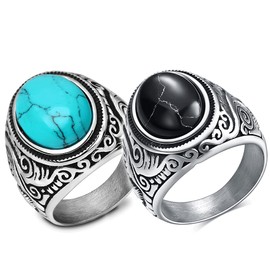 VQYSKO Retro Turquoise Ring for Men | Stainless Steel Oval Biker Ring | Ideal Gift for Dad Boyfriend | Blue/Black/Brown/White Color for Choice, Stainless Steel, stainless steel