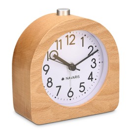 Navaris Analogue Wooden Alarm Clock with Snooze - Retro Clock with Dial Alarm Light - Quiet Vintage Wood Table Clock Without Ticking - Natural Wood in Light Brown
