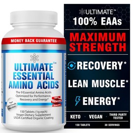 Ultimate Essential Amino Acid Supplement - All 9 EAA with 40% Leucine in Optimized BCAA Ratio - Increase Energy, Lean Muscle & Recovery - Keto & Vegan Edible Fitness Dietary Healthcare - size: 150 Count (Pack of 1)