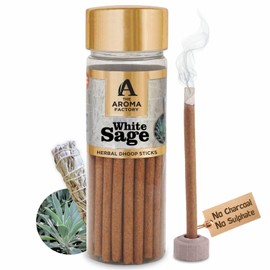 The Aroma Factory Dhoop batti, No Bamboo Herbal Dhoop Sticks (0% Charcoal, 0% Sulphates) with Incense Holder,1 Bottle x 100g (White Sage)