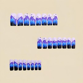 Long Square Press on Nails Purple Fake Nails with Forest Mountains Bird Designs 24 Pcs Natural Reusable Matte Acrylic Nail Full Cover Stick on Nail for Women No Glue WYFHDT