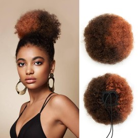 ISHEENY Ponytail Hairpiece Real Hair Afro Puff Drawstring Ponytail Short Curly Hair Chignon Hair Bun with Clips