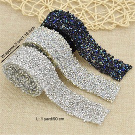 EORTA 1Yard X 3CM Rhinestone Beaded Trim Sparkling Crystal Rhinestone Hotfix Ribbon Iron on Applique Bling Chain Banding Belt for DIY Wedding Bridal Dress Embellishment Phone Wall Decor, Dark Blue