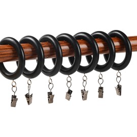 Wood Curtain Rings with Clips,12 Pieces 2.75 Inch Wooden Drapery Curtain Rod Rings for 1.7 inch Rod Pole Farmhouse Drapery Clips,Natural Beech Wood(Black, 1.81 INCH Inner Dia)
