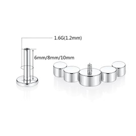 hengkaixuan 16G G23 Titanium Flatback Labret Studs, Internal Thread Lip Studs, Tragus Piercing, Monroe, Medusa Lip Piercing, Silver Lobe Cartilage Conch Earring Jewellery, 6 / 8 / 10 mm, Metal