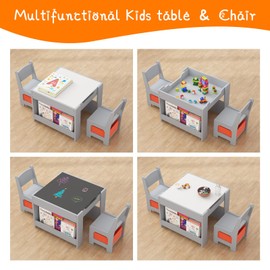 Kids Table and Chair Set, 4 in 1 Wooden Activity Table & 2 Chairs with Storage Drawer Detachable Tabletop for Toddlers Kids Drawing, Reading, Crafts, Art,Homework, Nursery, Playroom