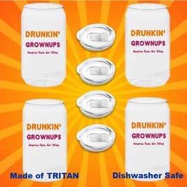 Wine-Oh! Set of 4 Stemless 16 oz Unbreakable TRITAN Can Cups with Lids, USA-Made and Commercially Printed, Dishwasher Safe, Great for cocktails, wine, and other beverages. (DRUNKIN' GROWNUPS), medium