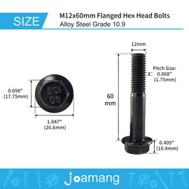Joamang M12 x 60mm 5Pcs Flanged Hex Head Bolts, M12 x 1.75 Bolts, Flange Hexagon Head Screws, 10.9 Grade Alloy Steel, Black Oxide Finish, Metric Half Thread