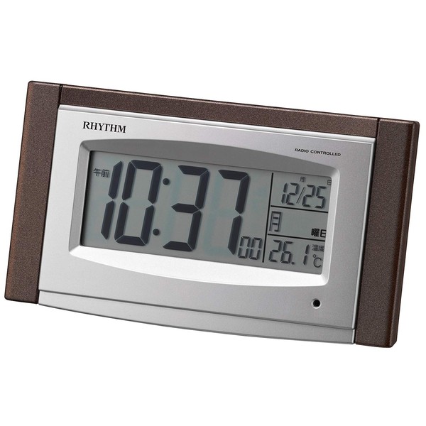 RHYTHM 8RZ190SR06 Alarm Clock, Radio Clock, Electronic Sound, Alarm, Temperature, Calendar, Solar Auxiliary Power, Light Included, Brown, 3.2 x 5.9 x 2.1 inches (8.1 x 15 x 5.3 cm)