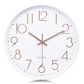 Lafocuse White Modern Wall Clock Silent 30 cm 3D Numbers Rose Gold No Ticking Noises Quartz Wall Clock Analogue Easy to Read Decoration for Living Room Room Kitchen Office