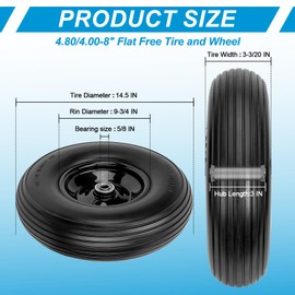 Cenipar 4.80/4.00-8" Flat Free Tire and Wheel 14.5" Solid Flat-Free Replacement Tire with 5/8" or 3/4" Axle Borehole,3-7" Adjustable Centered Hub for Wheelbarrow Hand Truck Garden Trailer and Trolley