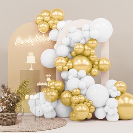 PartyWoo White and Gold Balloons, 140 pcs White and Metallic Gold Balloons Different Sizes Pack of 18 Inch 12 Inch 10 Inch 5 Inch for Balloon Garland or Arch as Birthday Decorations, Party Decorations
